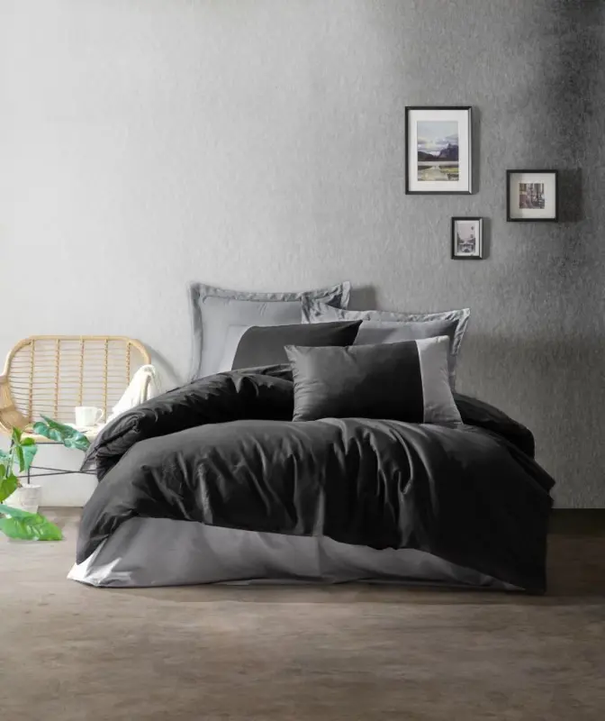Cotton Box Plain Single Duvet Cover Set Black Grey - NEVRESIMDUNYASI
