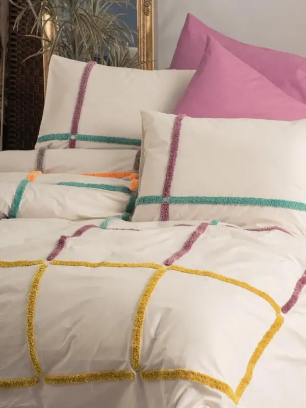 Cotton Box Puff Embroidered Ranforce Double Bed Duvet Cover Set Insula Rosehip - 1