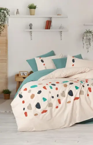 Cotton Box Puff Embroidered Ranforce Double Bed Linen Set Gaja Mint - 1