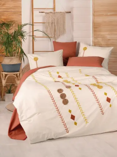 Cotton Box Puff Embroidered Ranforce Double Bed Sheet Set Amaris Terracotta - 1