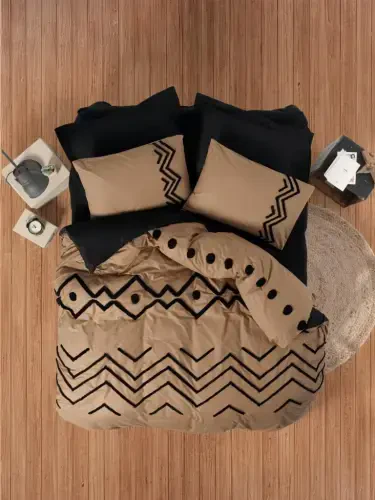 Cotton Box Puff Embroidered Ranforce Double Duvet Cover Set Elio Copper Black - 1