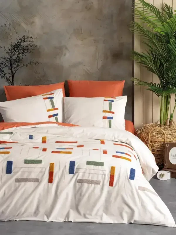 Cotton Box Puff Embroidered Ranforce Double Duvet Cover Set Katy Cinnamon - 1