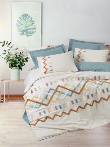 Cotton Box Puff Embroidered Ranforce Double Duvet Cover Set Mellow Mint - 1