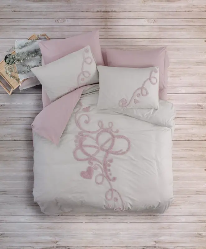 Cotton Box Puff Embroidered Ranforce Double Size Mother's Day Duvet Cover Set Bellini Pink - NEVRESIMDUNYASI