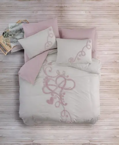 Cotton Box Puff Embroidered Ranforce Double Size Mother's Day Duvet Cover Set Bellini Pink - 1