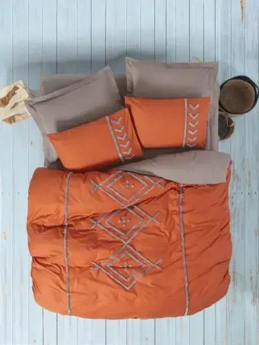 Cotton Box Puff naqshli ranforce ikki kishilik nevresim taqimi Lia Kiremit Bej - 1