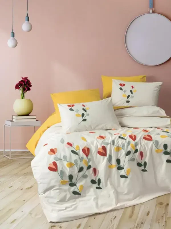 Cotton Box Puff Вышитый ранфорс двуспальный комплект постельного белья Nella Горчица - NEVRESIMDUNYASI