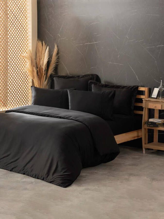 Cotton Box Silky Satin Double Bed Duvet Cover Set Black - 1