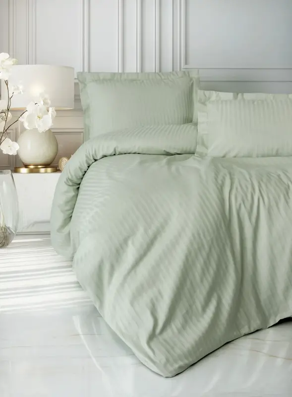 Cotton Box Stripe Elegant Adaçayı Çift Kişilik Saten Nevresim Takımı - NEVRESIMDUNYASI