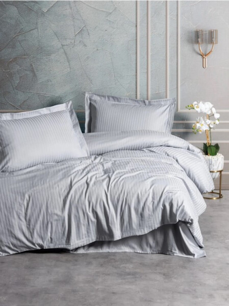 Cotton Box Stripe Elegant Grey Double Satin Bed Linen Set - 3