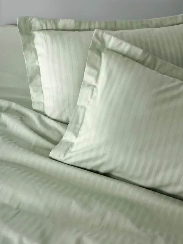 Cotton Box Stripe Elegant Sage Green Double Size Satin Duvet Cover Set - 2