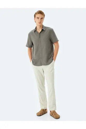 Cotton Buttoned Regular Fit Short Sleeve Shirt-Anthracite - KOTON (1)