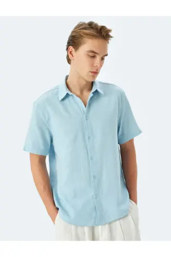 Cotton Buttoned Regular Fit Short Sleeve Shirt-Blue - KOTON (1)