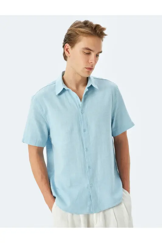 Cotton Buttoned Regular Fit Short Sleeve Shirt-Blue - 2