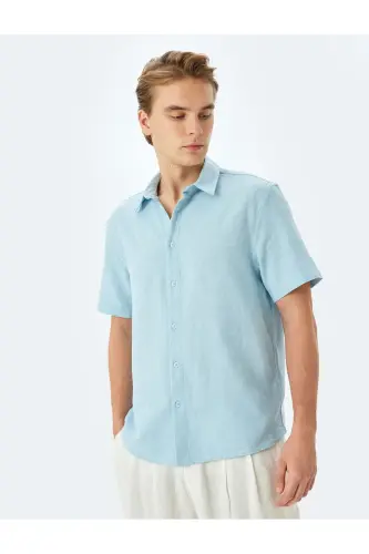 Cotton Buttoned Regular Fit Short Sleeve Shirt-Blue - 3