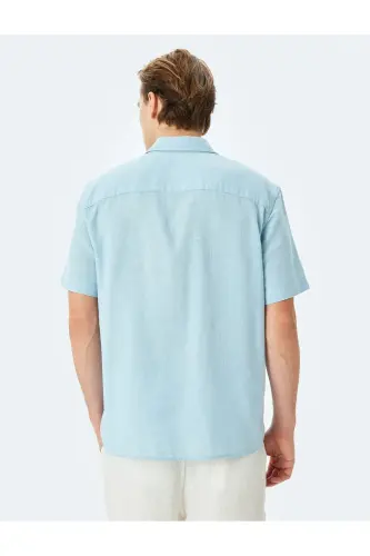 Cotton Buttoned Regular Fit Short Sleeve Shirt-Blue - 4