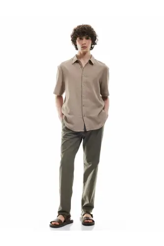 Cotton Buttoned Regular Fit Short Sleeve Shirt-Brown - KOTON (1)