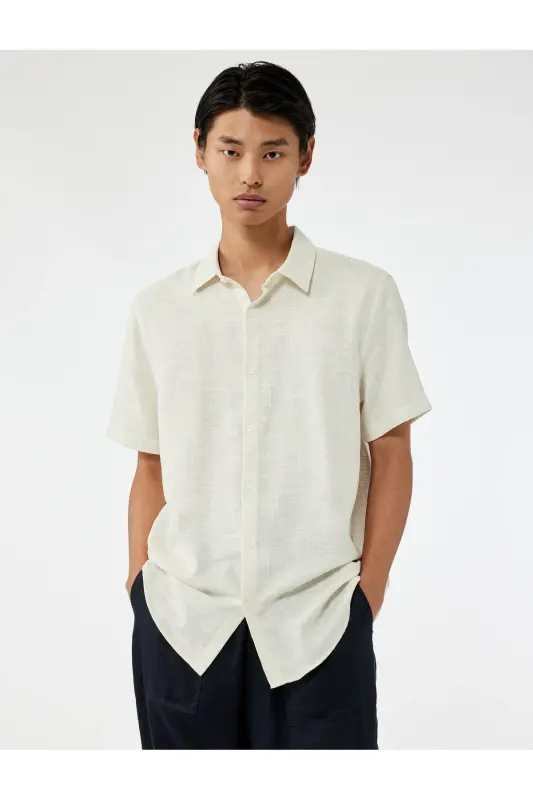 Cotton Buttoned Regular Fit Short Sleeve Shirt-Gray - KOTON