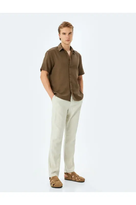 Cotton Buttoned Regular Fit Short Sleeve Shirt-Khaki - KOTON