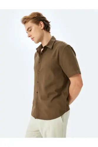 Cotton Buttoned Regular Fit Short Sleeve Shirt-Khaki - KOTON (1)