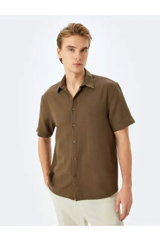 Cotton Buttoned Regular Fit Short Sleeve Shirt-Khaki - 3