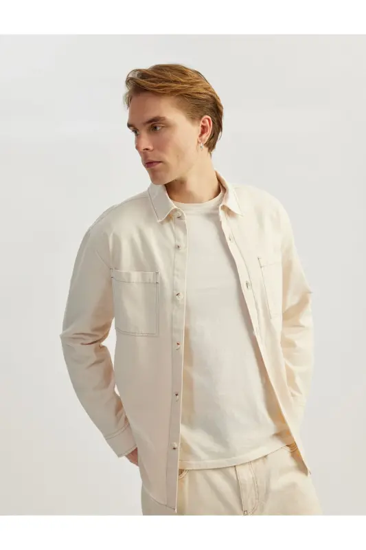 Cotton Buttoned Regular Fit Washed Classic Collar C - KOTON