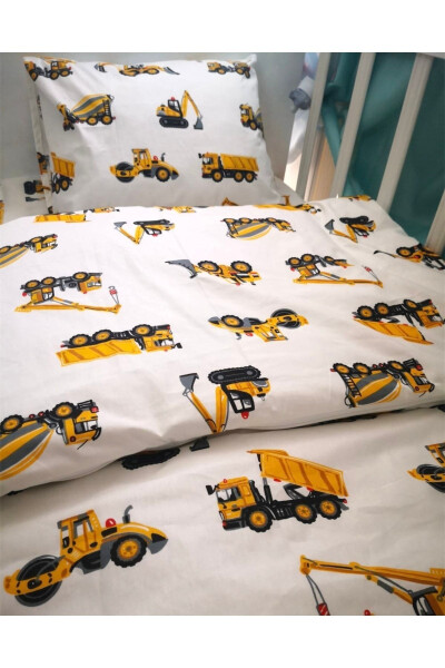 Cotton Child Single Pillow Sheet Duvet Set with Construction Vehicles (with duvet) - BEBEK ÖZEL