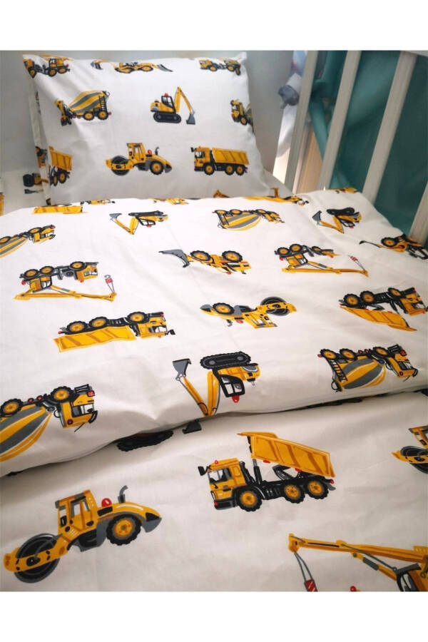 Cotton Child Single Pillow Sheet Duvet Set with Construction Vehicles (with duvet) - 1