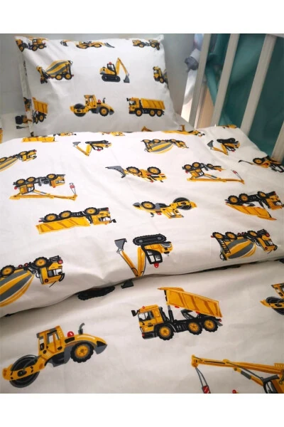 Cotton Child Single Pillow Sheet Duvet Set with Construction Vehicles (with duvet) - Modazone