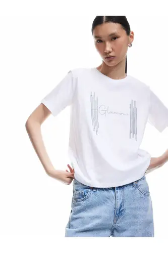 Cotton Crew Neck Short Sleeve Glitter Print Woman - 1