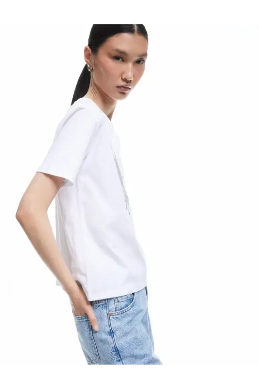 Cotton Crew Neck Short Sleeve Glitter Print Woman - 2