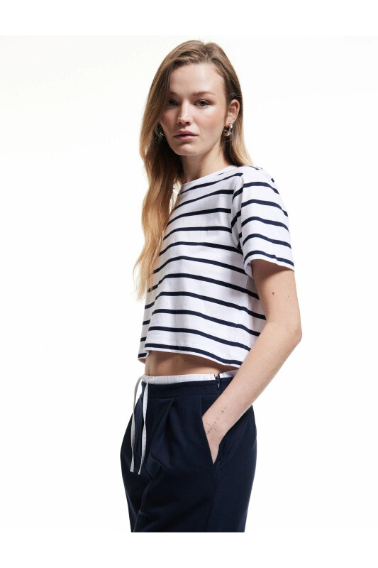 Cotton Crew Neck Short Sleeve Striped T-Shirt-Be - Koton