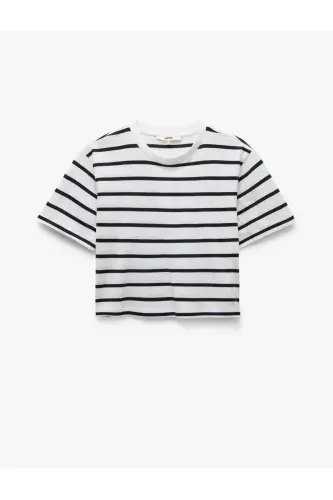 Cotton Crew Neck Short Sleeve Striped T-Shirt-Be - 3