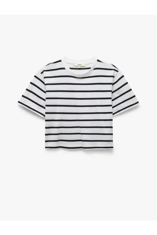 Cotton Crew Neck Short Sleeve Striped T-Shirt-Be - 3