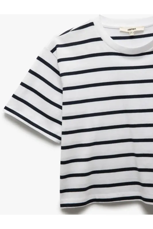Cotton Crew Neck Short Sleeve Striped T-Shirt-Be - 5