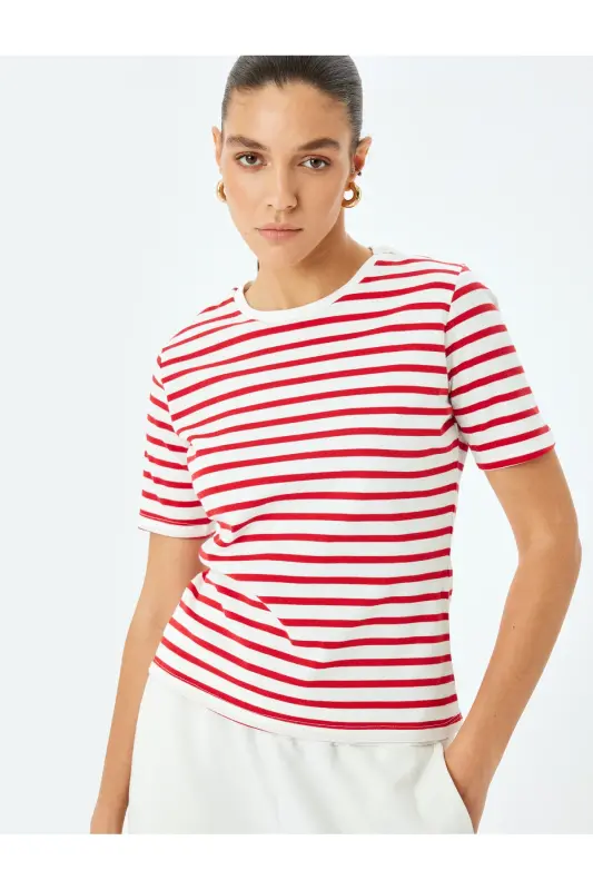 Cotton Crew Neck Short Sleeve Striped T-shirt-S - 1