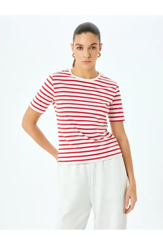 Cotton Crew Neck Short Sleeve Striped T-shirt-S - 3