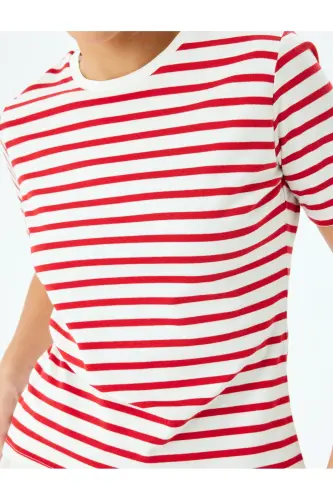 Cotton Crew Neck Short Sleeve Striped T-shirt-S - 5