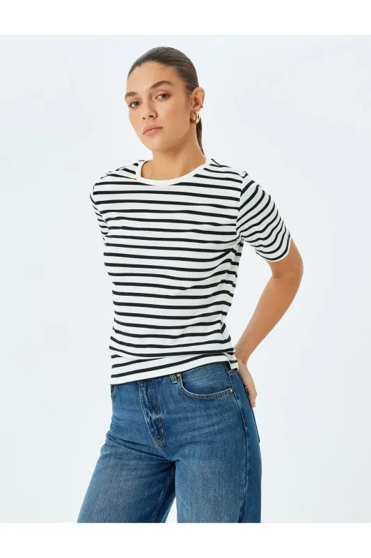 Cotton Crew Neck Short Sleeve Striped T-Shirt-Si - 1