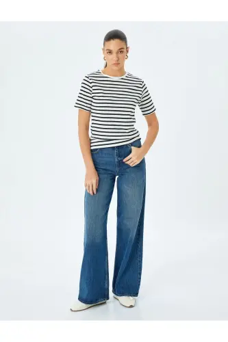 Cotton Crew Neck Short Sleeve Striped T-Shirt-Si - KOTON (1)