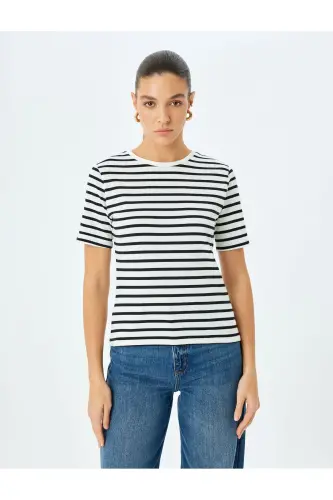 Cotton Crew Neck Short Sleeve Striped T-Shirt-Si - 3