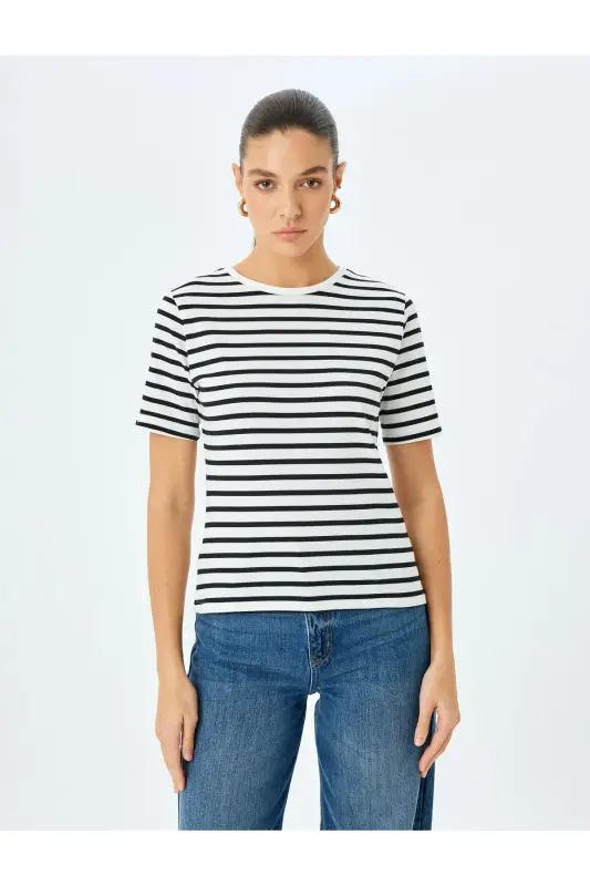 Cotton Crew Neck Short Sleeve Striped T-Shirt-Si - 3