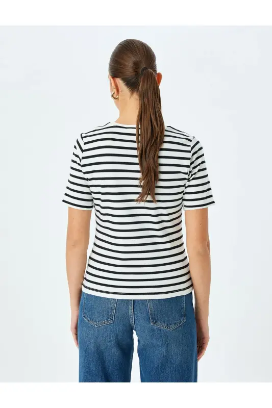 Cotton Crew Neck Short Sleeve Striped T-Shirt-Si - 4