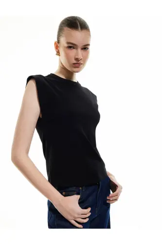 Cotton Crew Neck Sleeveless Basic T-Shirt - Black - KOTON (1)