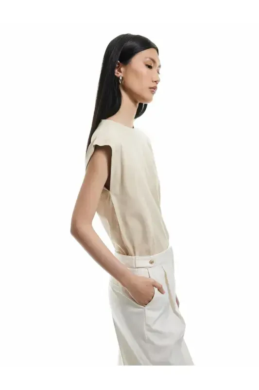 Cotton Crew Neck Sleeveless Basic T-Shirt-Ecru - 2