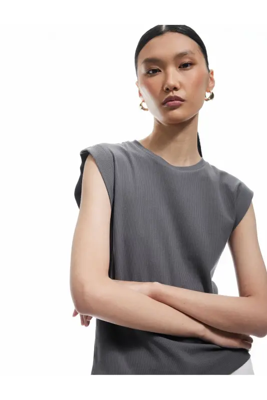 Cotton Crew Neck Sleeveless Basic T-Shirt-Gray - KOTON