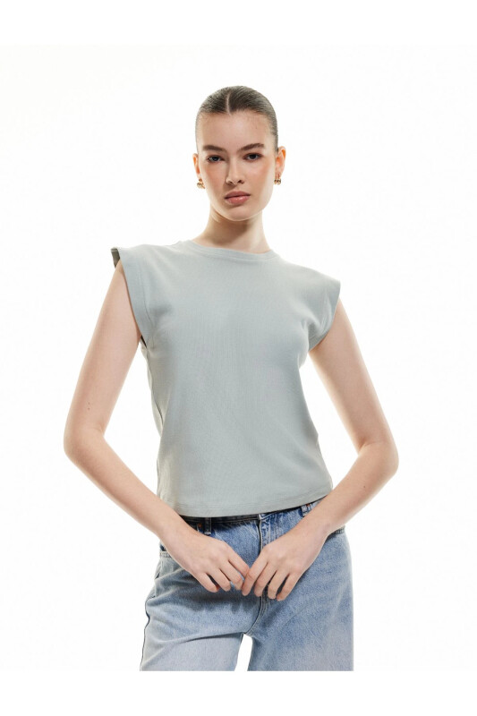 Cotton Crew Neck Sleeveless Basic T-Shirt - Light Green - KOTON