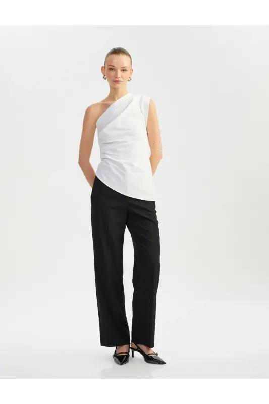 Cotton Drape Detailed Asymmetric One Shoulder Blouse - 2