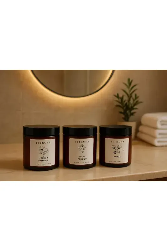 Cotton Ear Swabs, Makeup Remover Pads and Cotton Balls in a Labeled Amber Plastic Jar Bathroom Organizer - 1