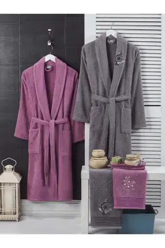 Cotton Embroidered 4 Piece Family Bathrobe Set | Bathrobe Set | Dowry Set | Plum | Gray-PLUM - 1